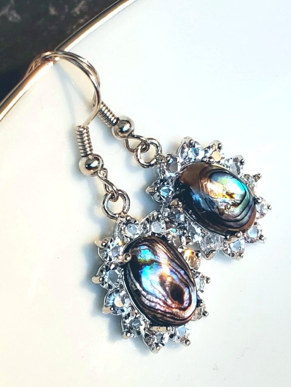 Elegant Abalone Paua Shell Oval Cab Lab Diamonds Silver Platinum Plated Earrings